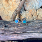 round Australian opal doublet earrings in sterling silver, blue and green play-of-colour