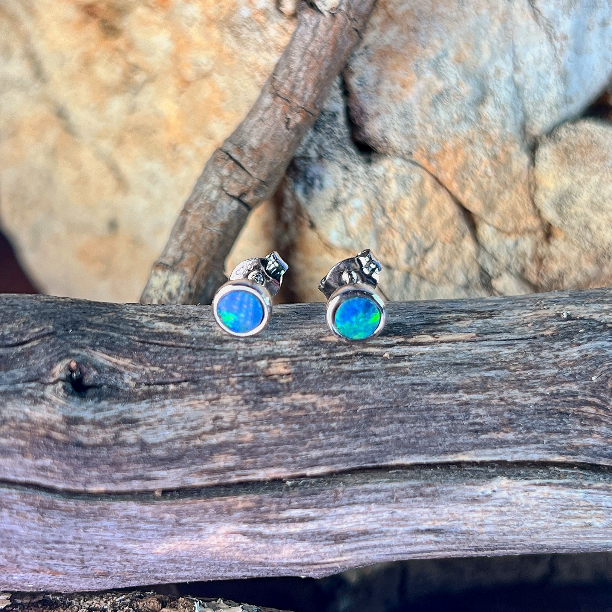 round Australian opal doublet earrings in sterling silver, blue and green play-of-colour