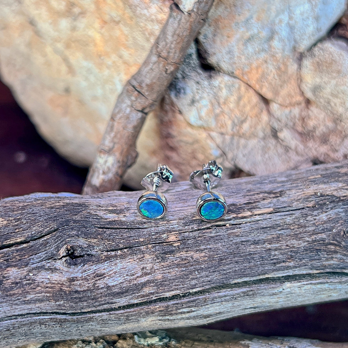Australian opal doublet earrings, sterling silver, 5mm stones showing blue and green
