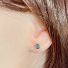 Worn Australian opal doublet earrings in sterling silver, blue and green, 5mm