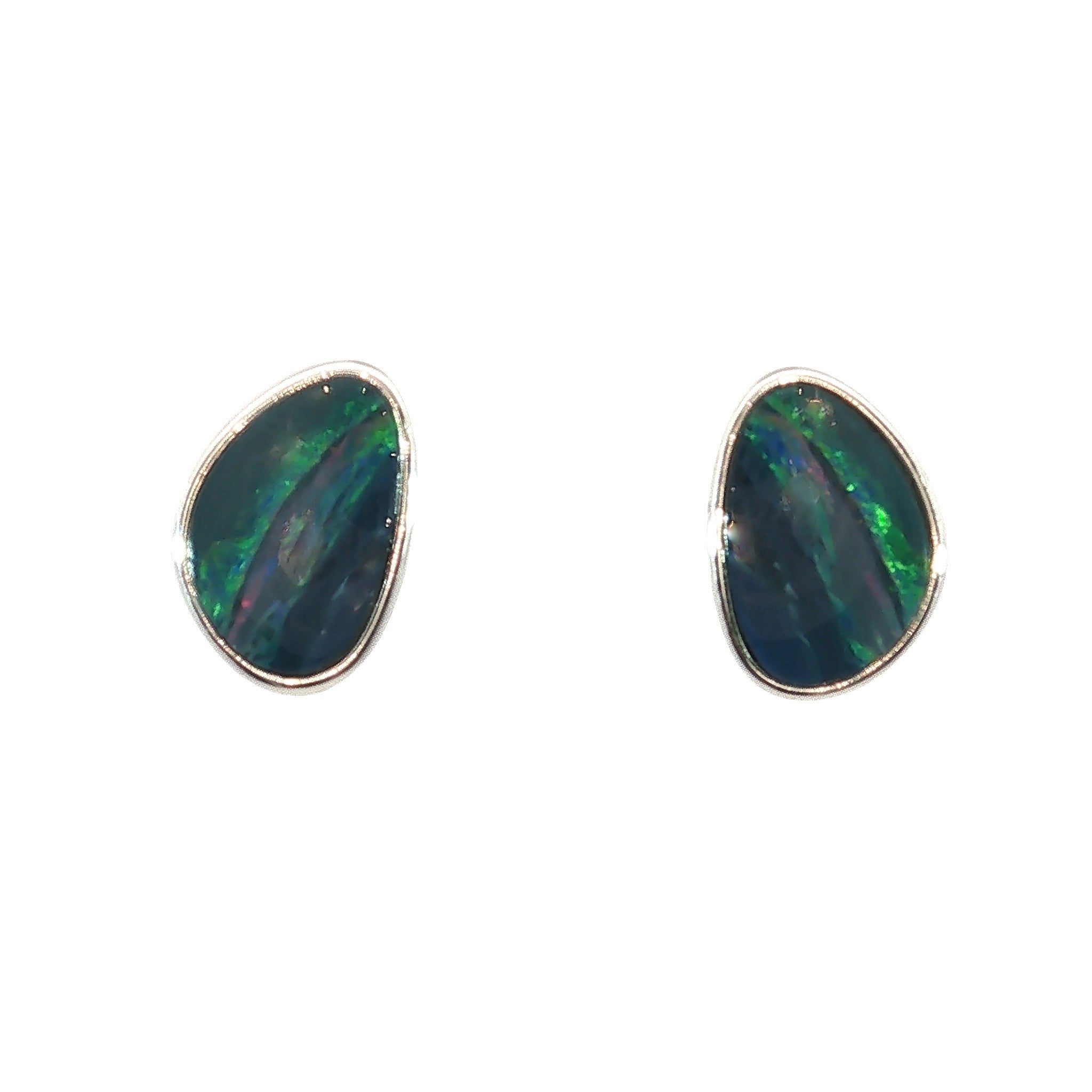 10 x 7mm triangular Australian opal doublet earrings in sterling silver