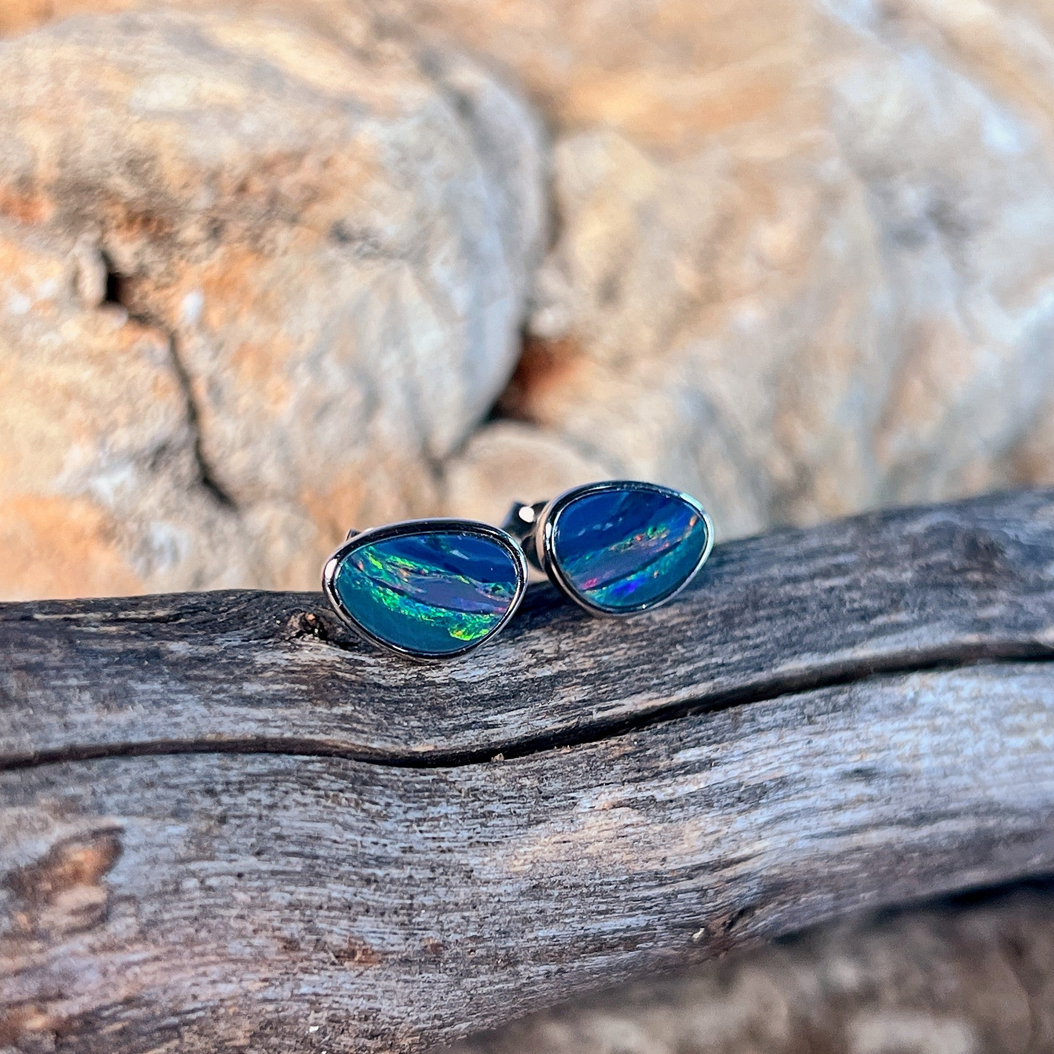 sterling silver Australian opal doublet earrings with 10 x 7mm triangular stones