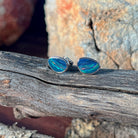 red, blue and green play-of-colour in 10 x 7mm triangular Australian opal doublet earrings