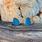 triangular Australian opal doublet earrings in sterling silver, blue and green play-of-colour