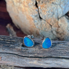 blue and green play-of-colour in 10 x 8mm triangular Australian opal doublet earrings