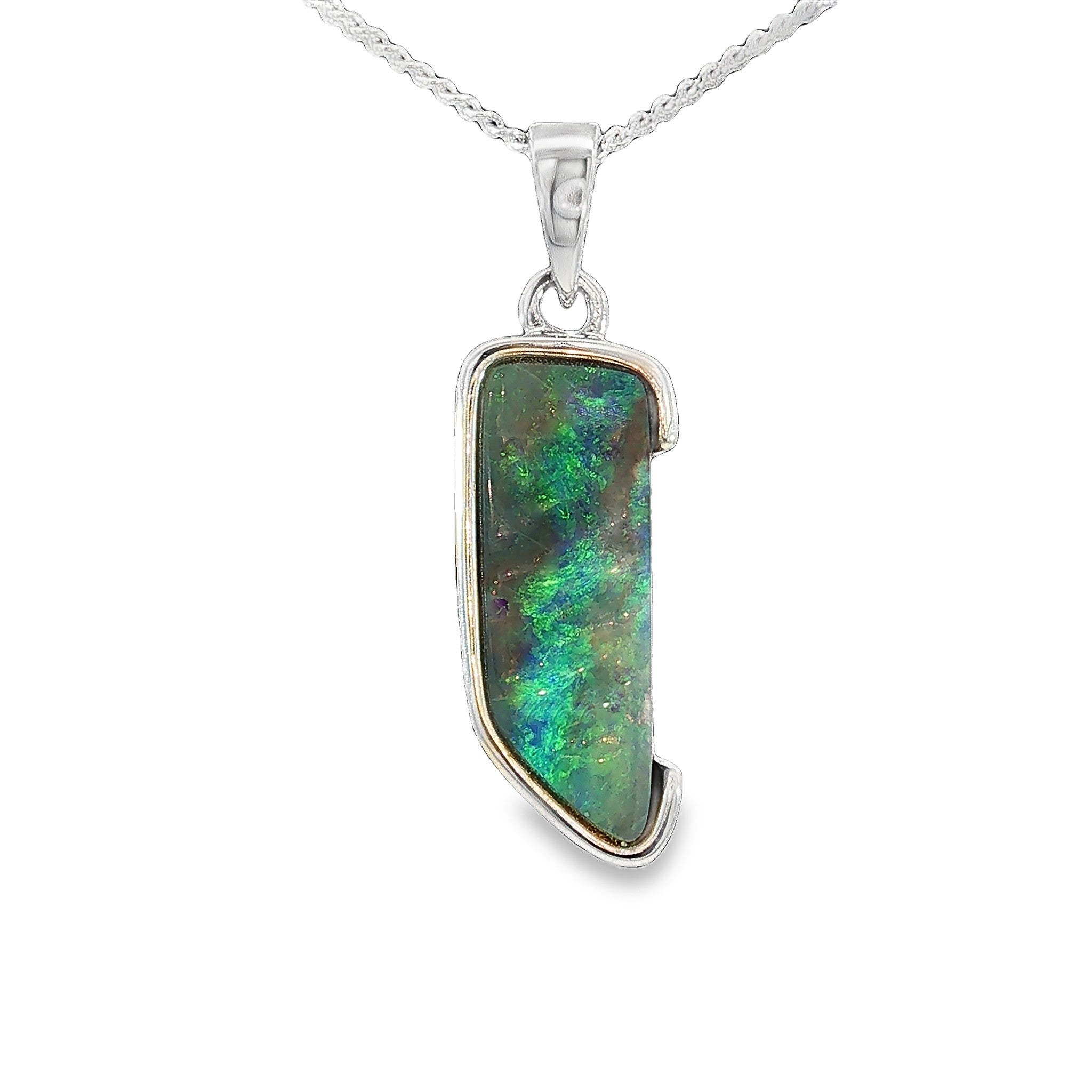 18 x 7mm freeform Australian boulder opal pendant in sterling silver