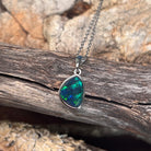 blue and green play-of-colour in a 12 x 9mm freeform Australian opal triplet pendant