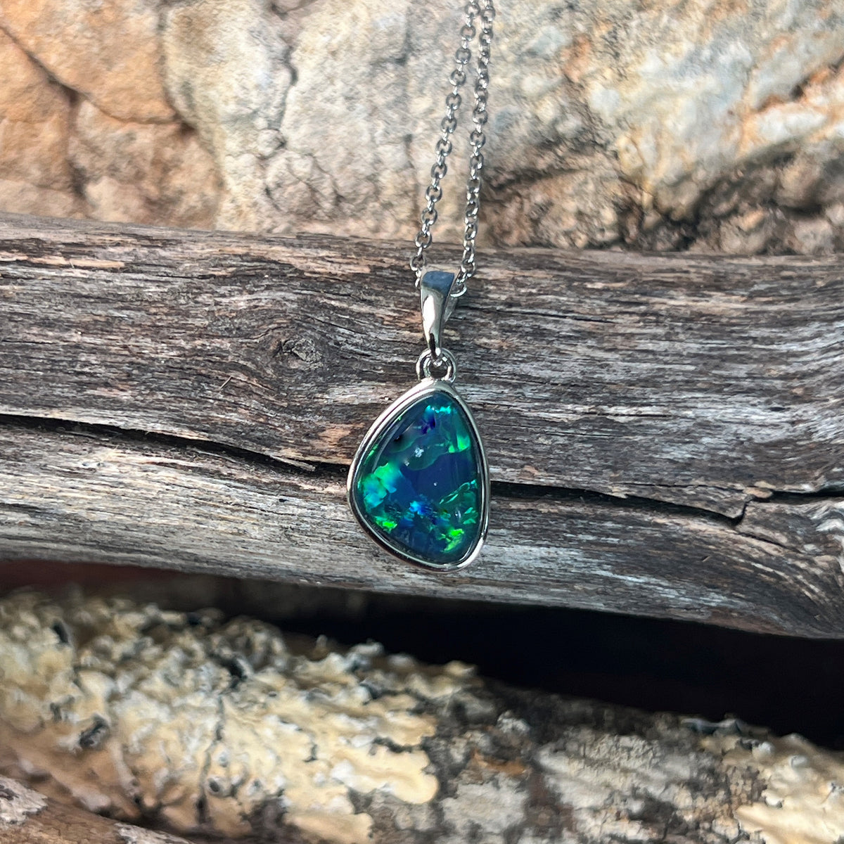 12 x 9mm Australian opal triplet pendant in sterling silver, blue and green