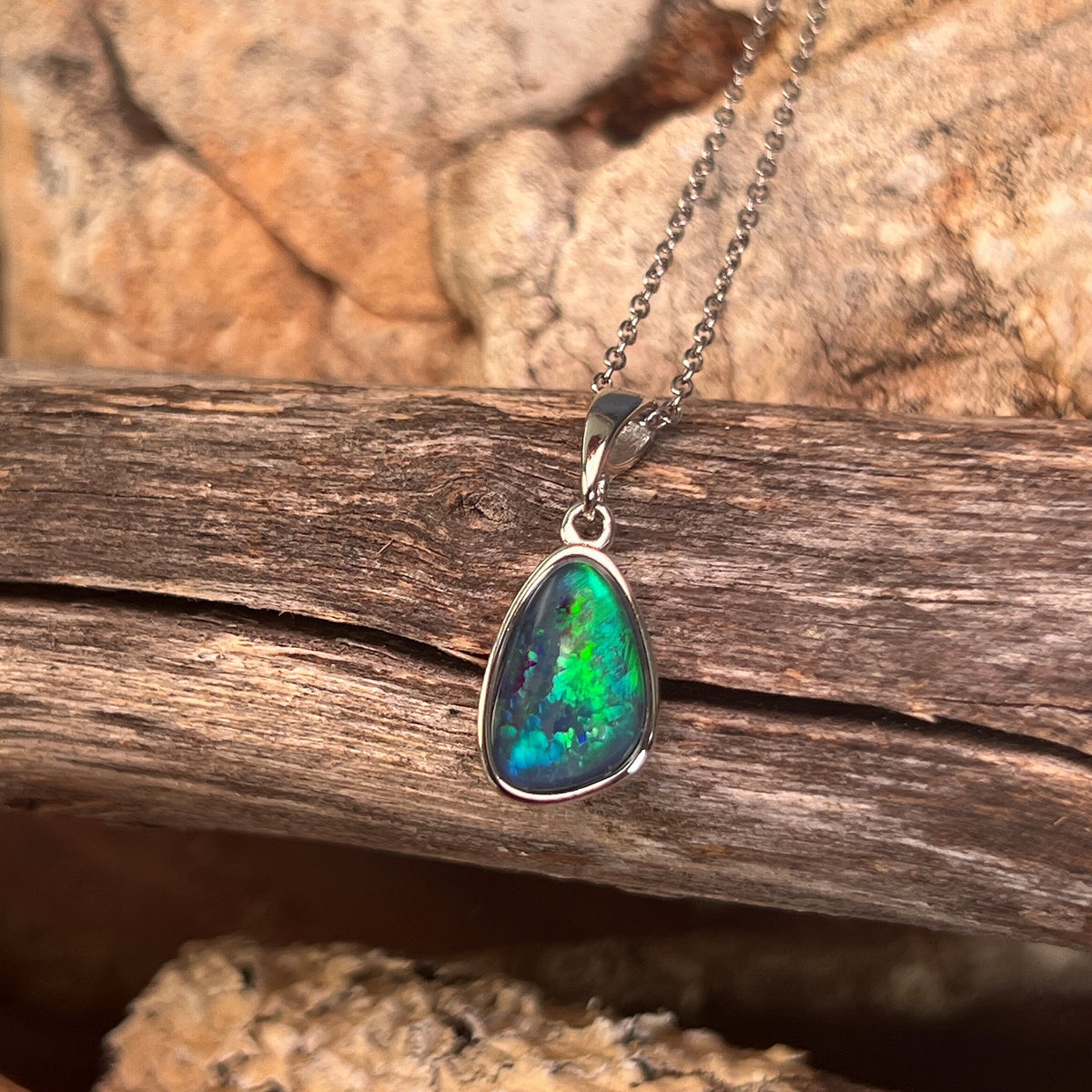 12 x 8mm Australian opal triplet pendant in sterling silver, blue and green