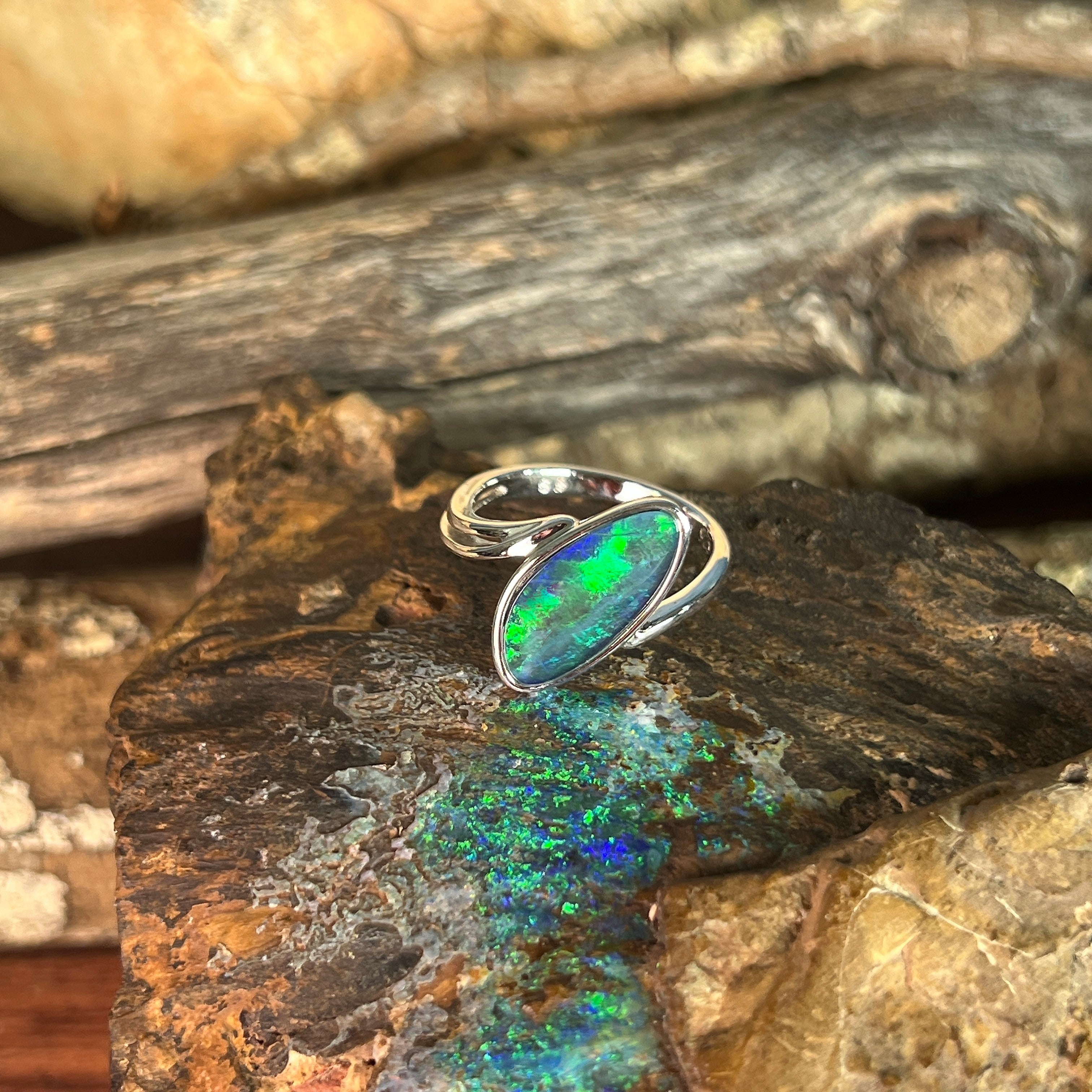 Australian opal triplet ring in sterling silver, freeform stone, ring size US 6.5