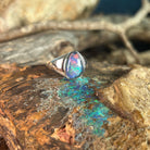 yellow, red, blue and green play-of-colour in a 12 x 9mm freeform Australian opal triplet ring