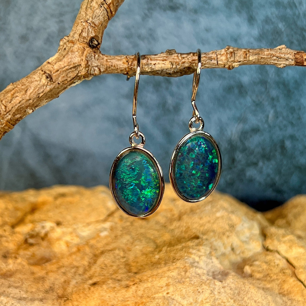 oval Australian opal triplet earrings in sterling silver, blue and green play-of-colour