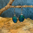 blue and green play-of-colour in 14 x 11mm oval Australian opal triplet earrings