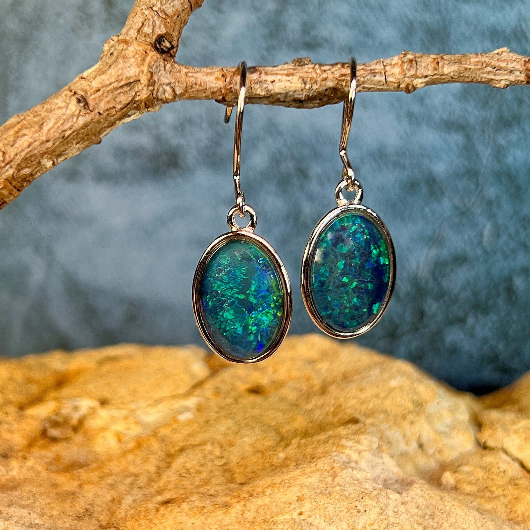 14 x 11mm Australian opal triplet earrings in sterling silver, blue and green