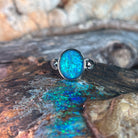 oval Australian opal triplet ring in sterling silver, blue and green play-of-colour