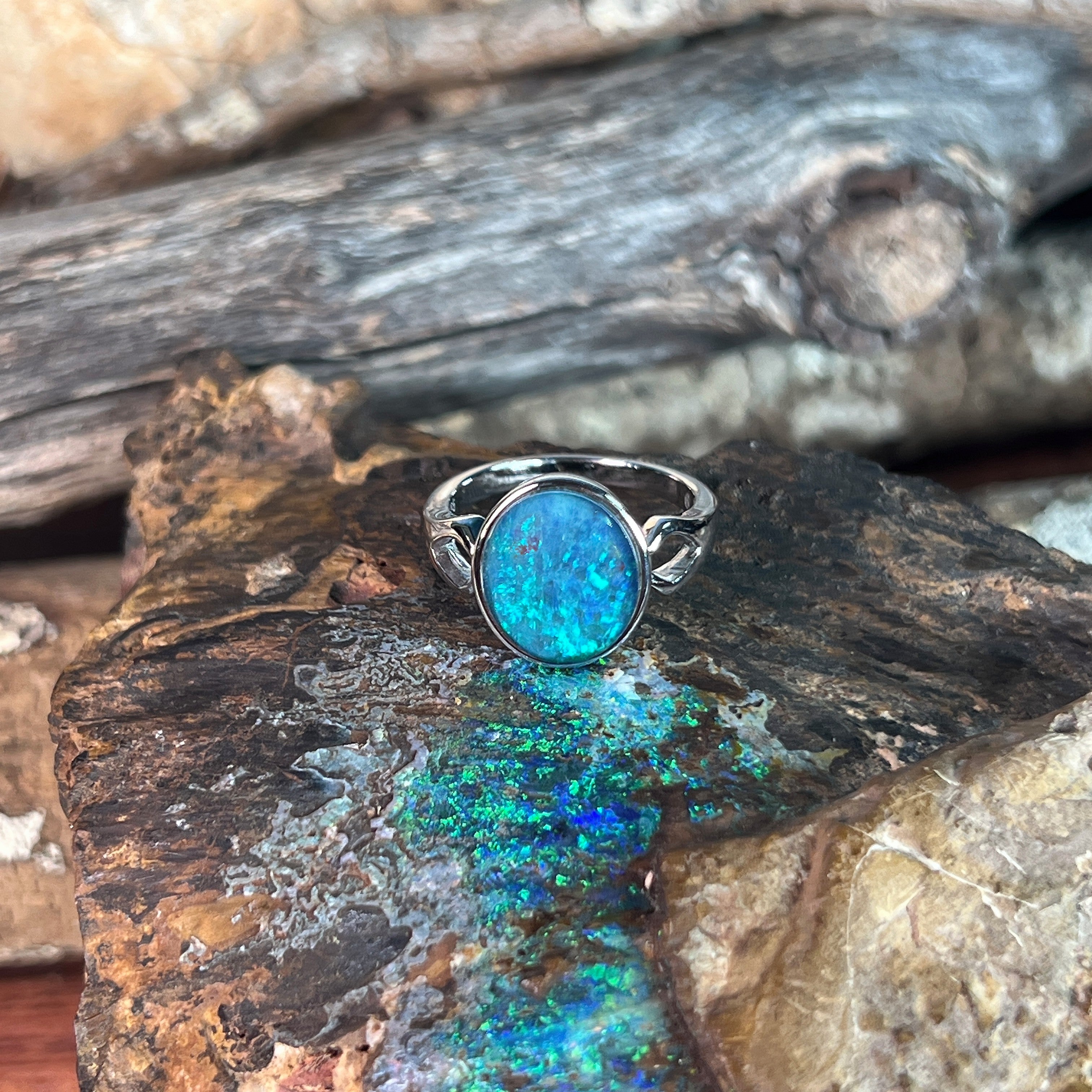 12 x 10mm Australian opal triplet ring in sterling silver, blue and green
