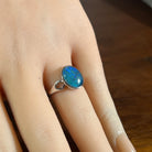 Worn Australian opal triplet ring in sterling silver, blue and green, 12 x 10mm