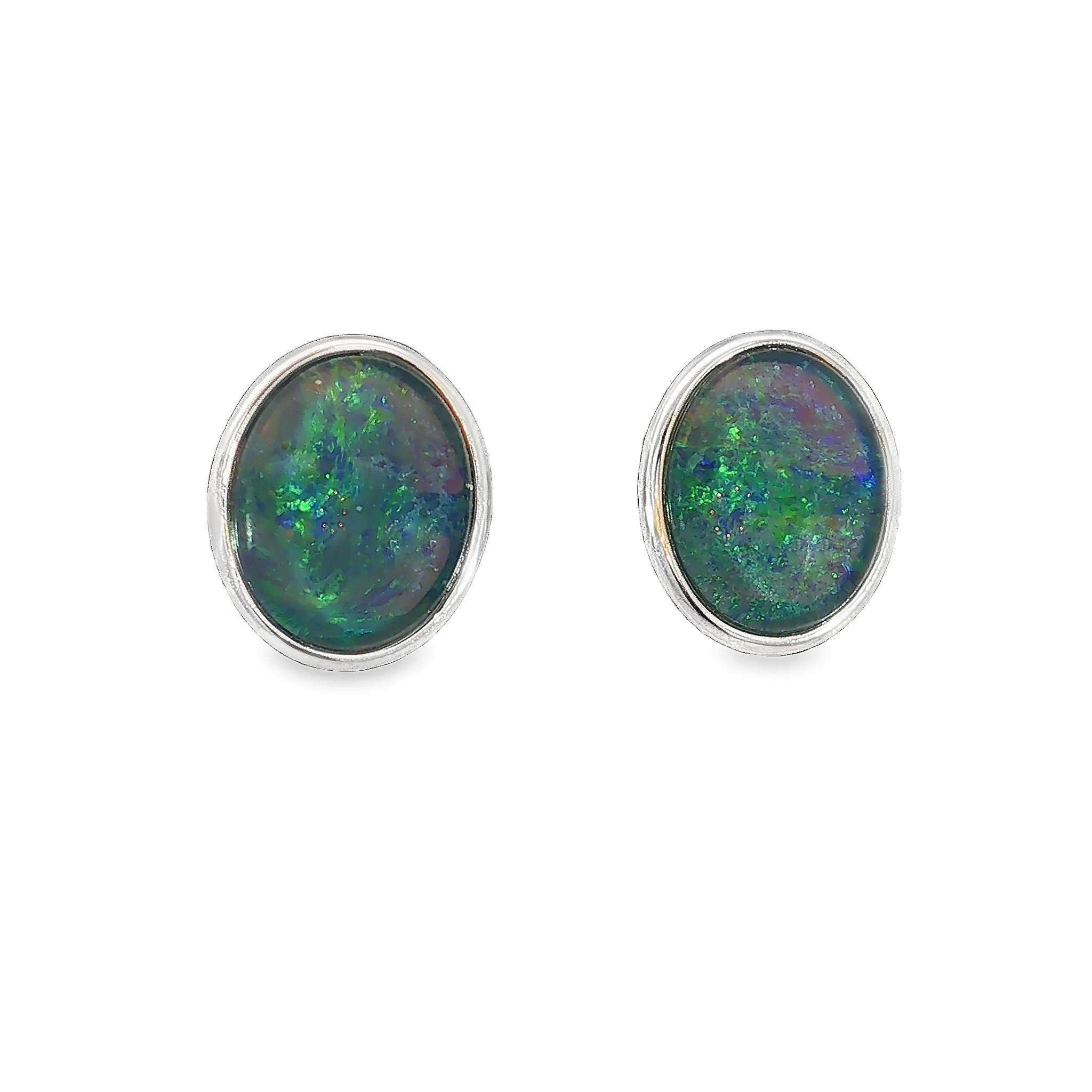 11 x 9mm oval Australian opal triplet earrings in sterling silver