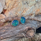 blue and green play-of-colour in 11 x 9mm oval Australian opal triplet earrings