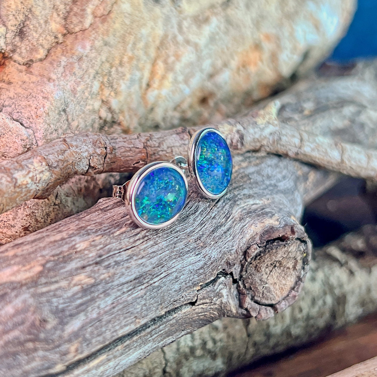 Australian opal triplet earrings, sterling silver, 11 x 9mm stones showing blue and green