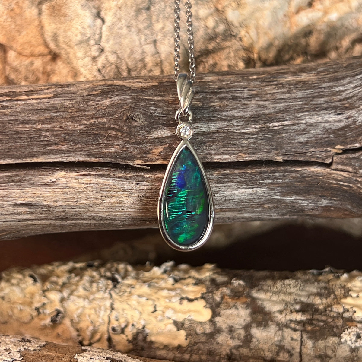 pear-shaped Australian opal triplet pendant in sterling silver, blue and green play-of-colour