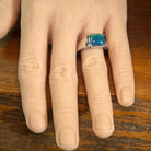 Worn Australian opal triplet ring in sterling silver, blue and green, 11 x 8mm
