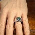 10 x 8mm rectangular Australian opal triplet ring on the hand, sterling silver