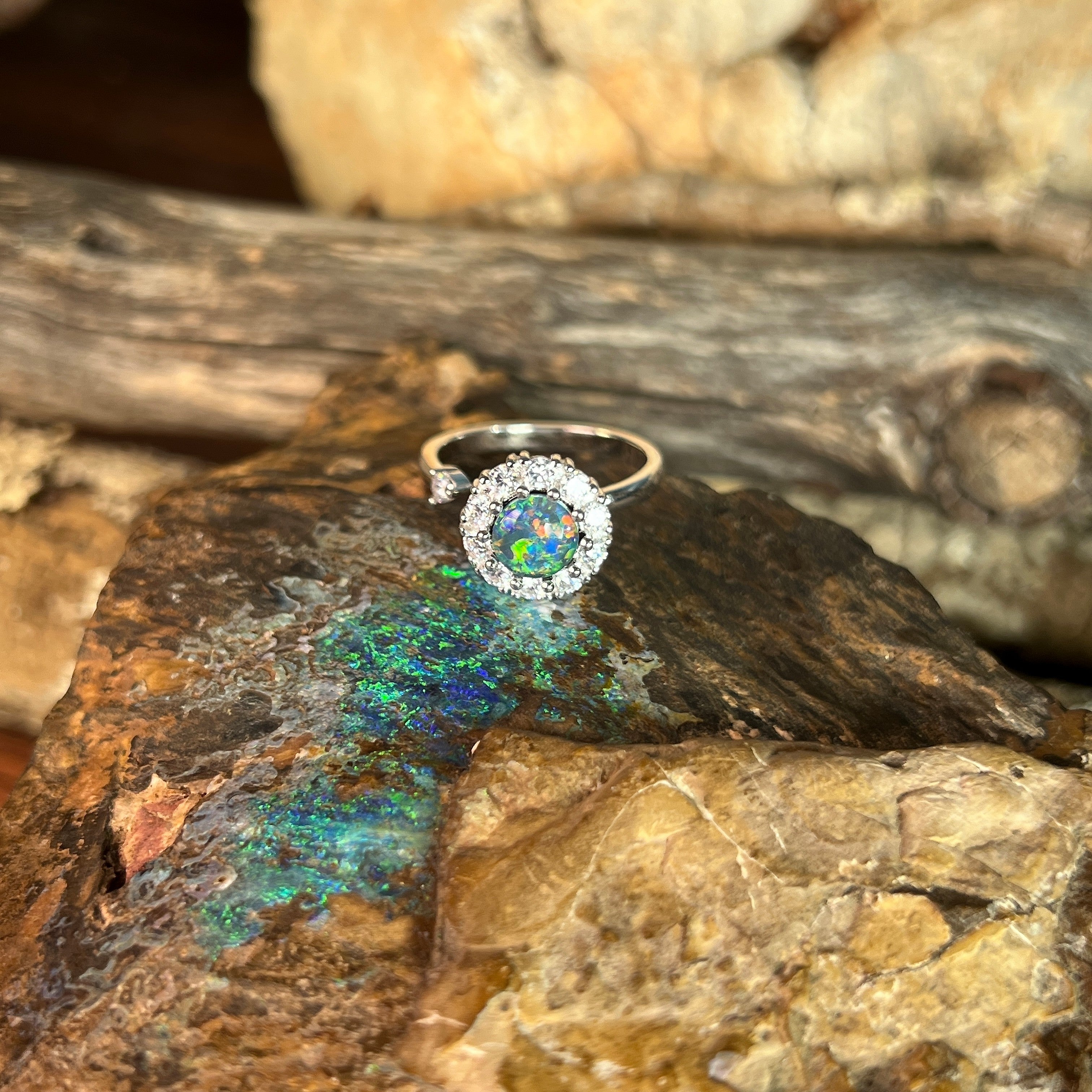 Australian opal triplet ring in sterling silver, round stone, ring size US 6.5