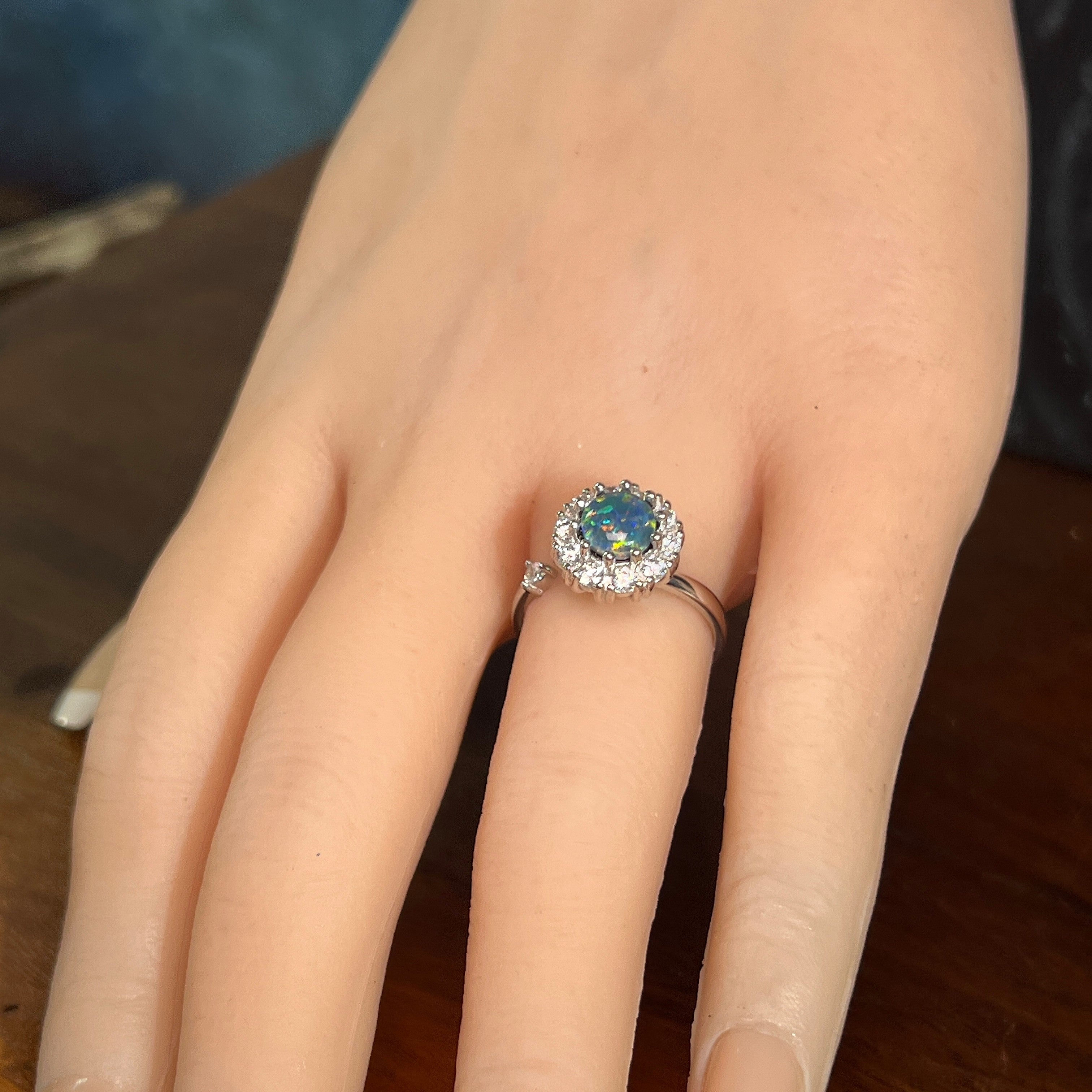 Worn Australian opal triplet ring in sterling silver, blue and green, 7mm