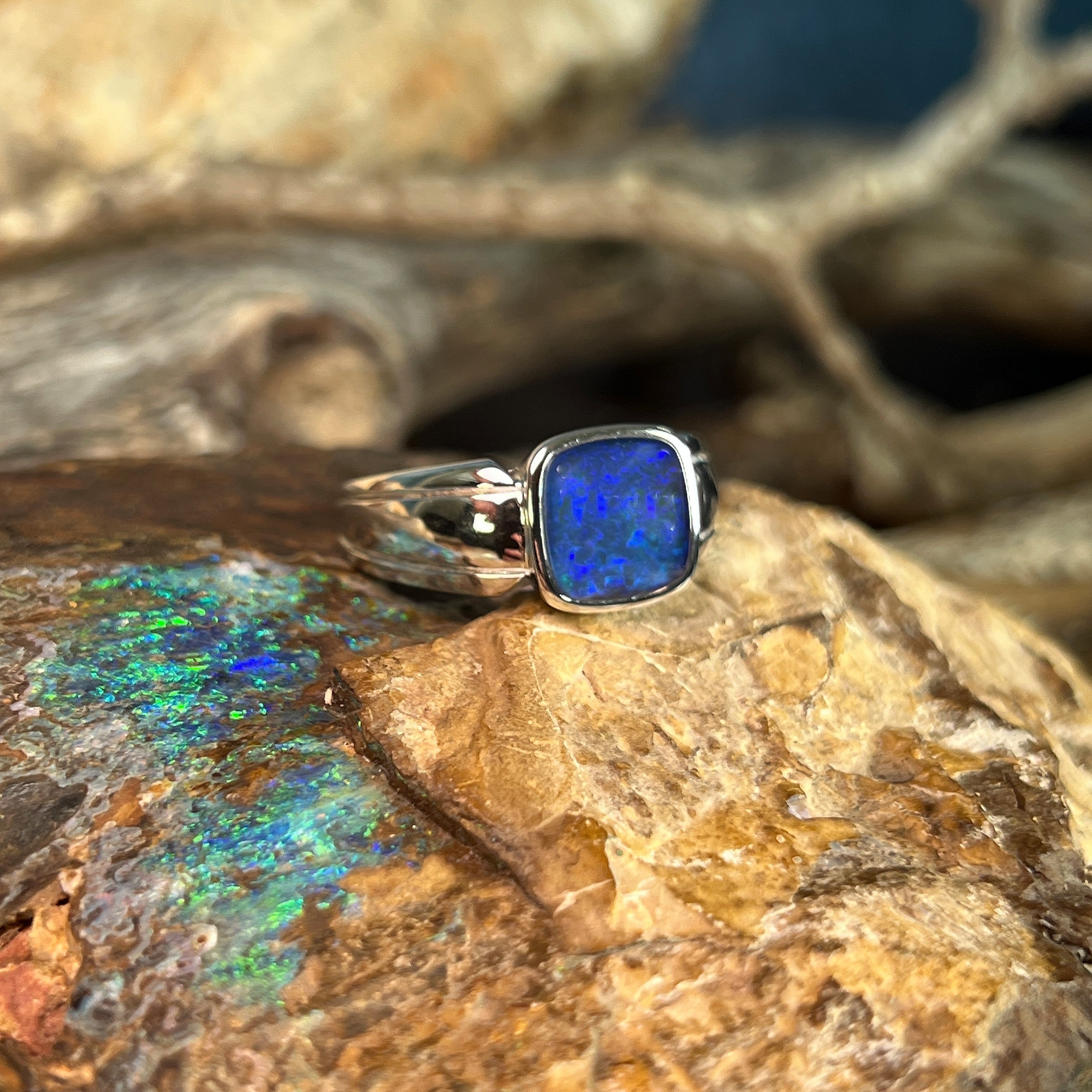 sterling silver Australian opal triplet ring with a 10 x 10mm square stone