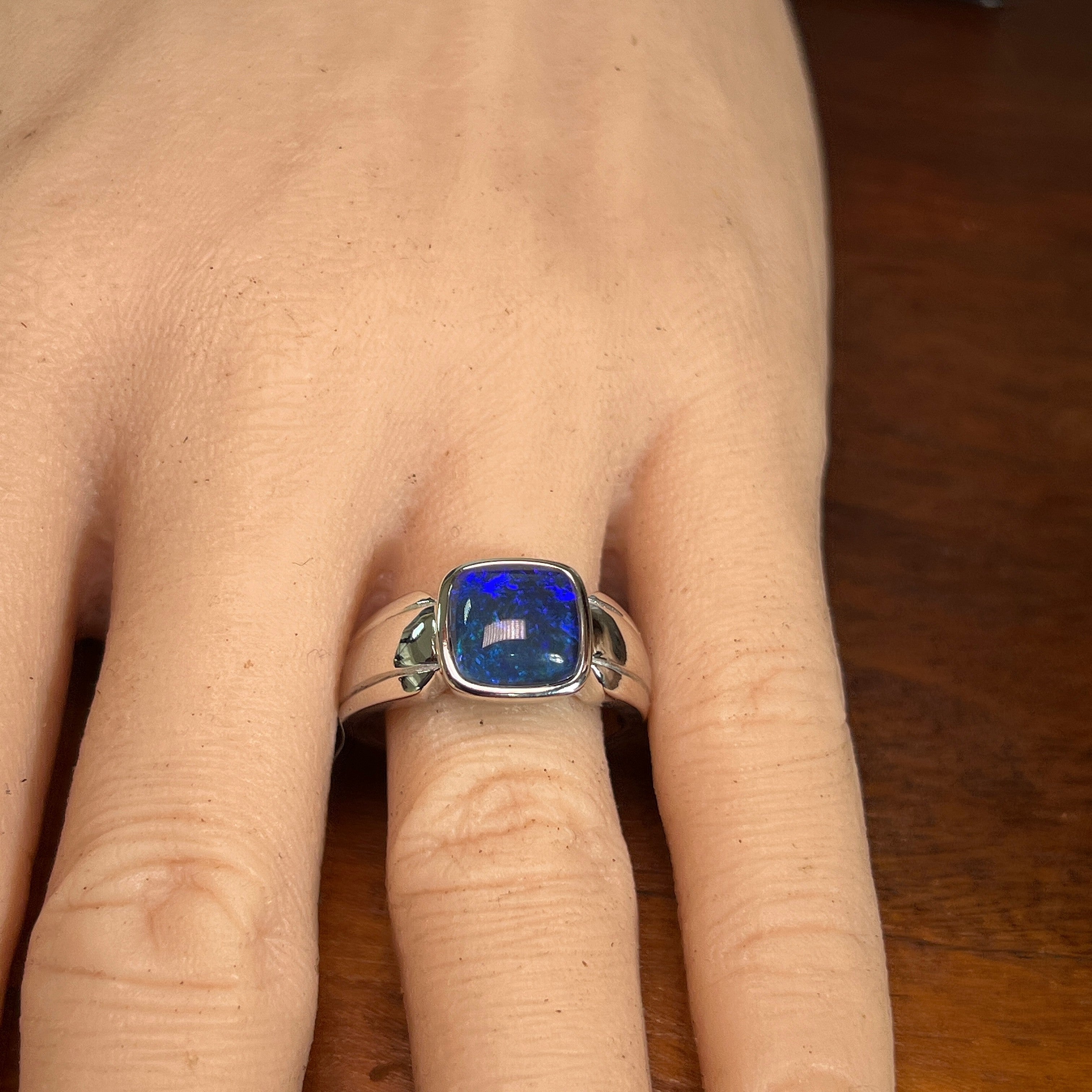 square Australian opal triplet ring in sterling silver, worn on the hand