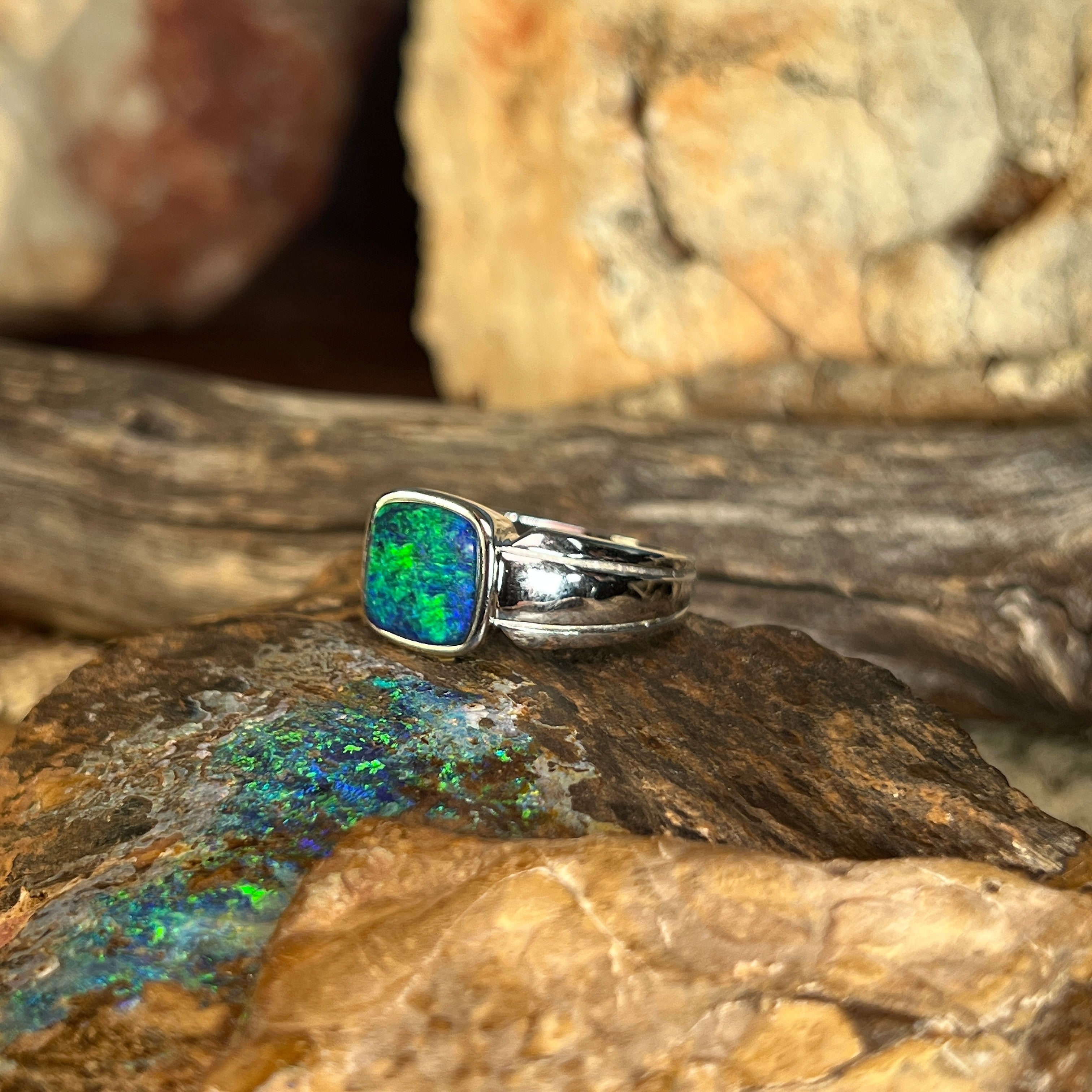 Australian opal triplet ring in sterling silver, cushion-shaped stone, ring size US 9