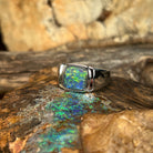 square Australian opal triplet ring in sterling silver, yellow, orange, blue and green play-of-colour