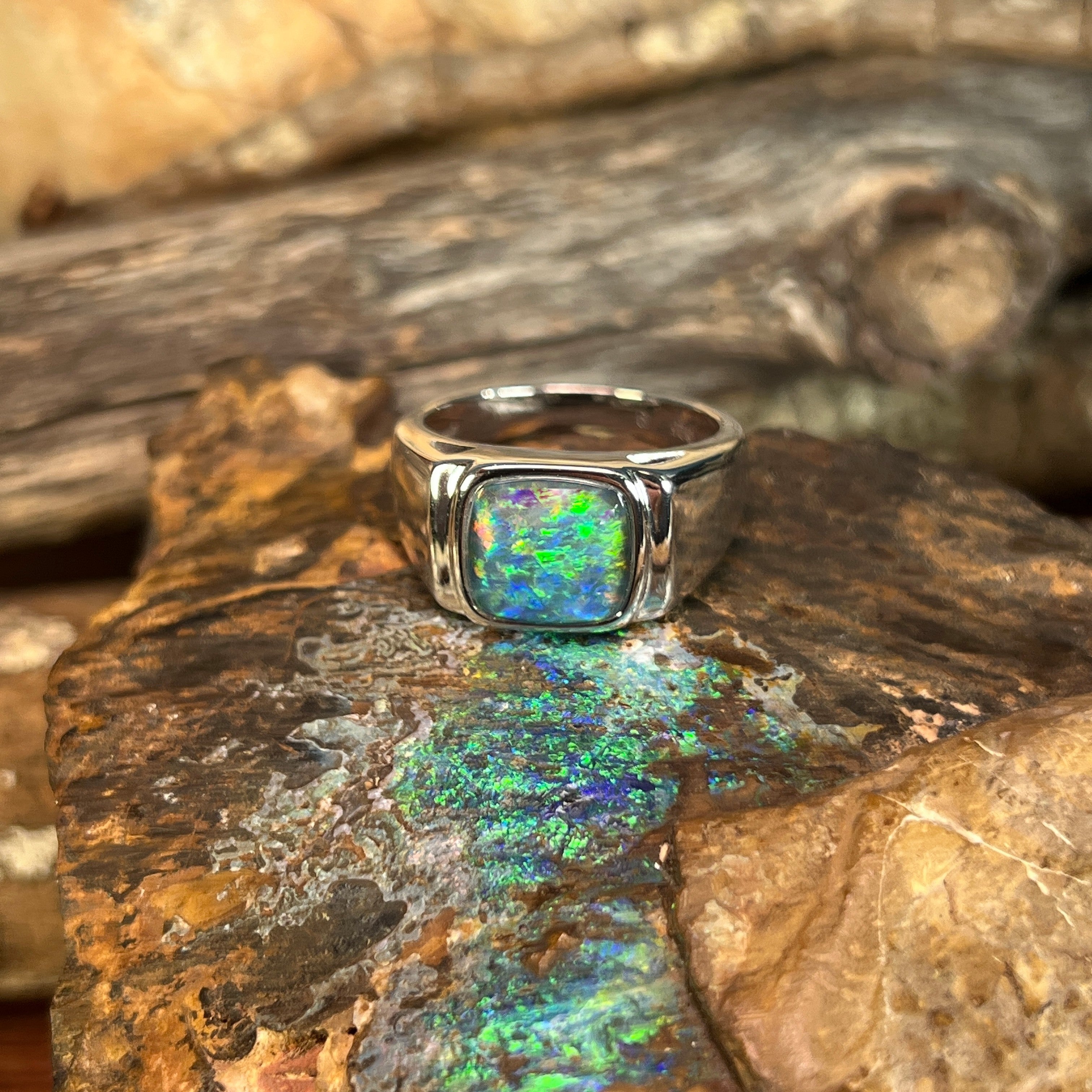 Australian opal triplet ring in sterling silver, square stone, ring size US 9