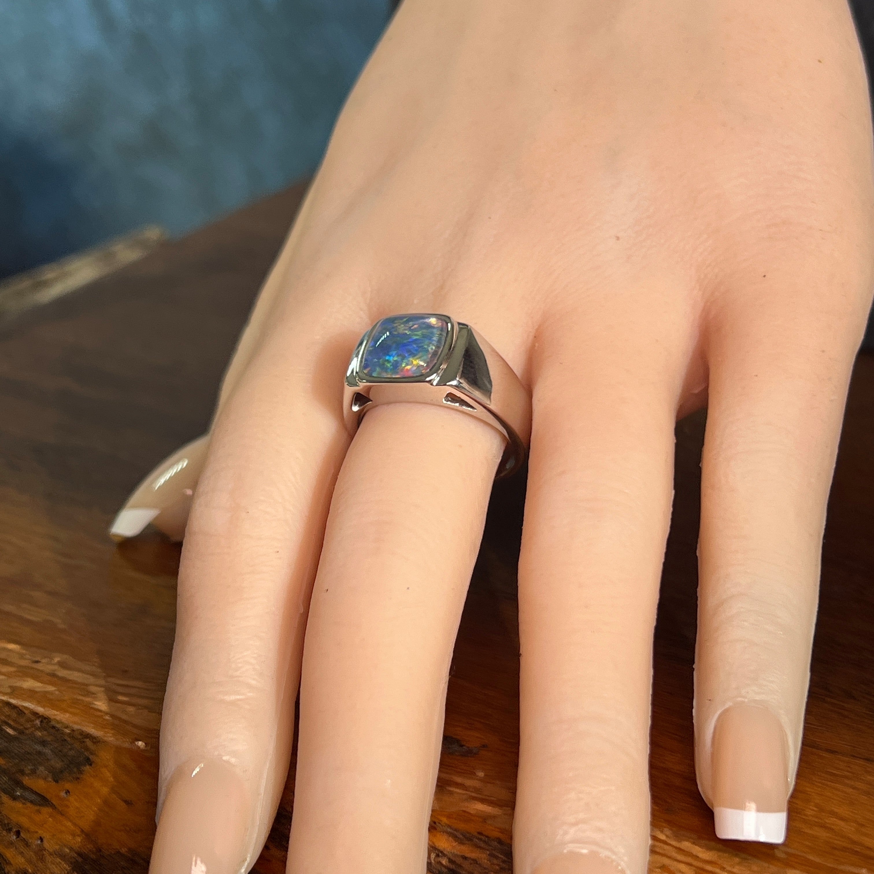 Australian opal triplet ring in sterling silver worn, square stone, size US 9