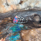 triangular Australian opal triplet ring in sterling silver, red, blue and green play-of-colour