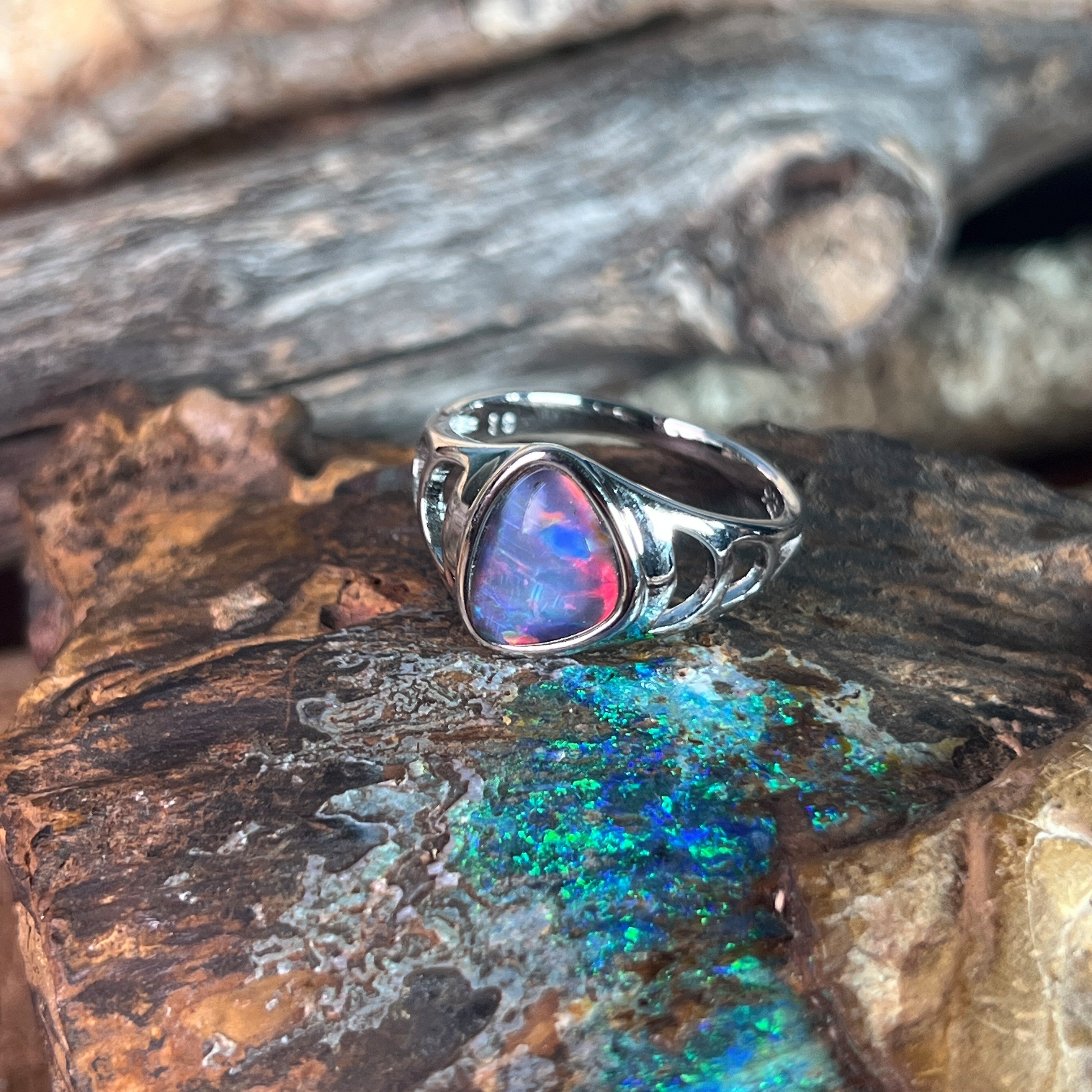 Australian opal triplet ring in sterling silver, triangular stone, ring size US 10