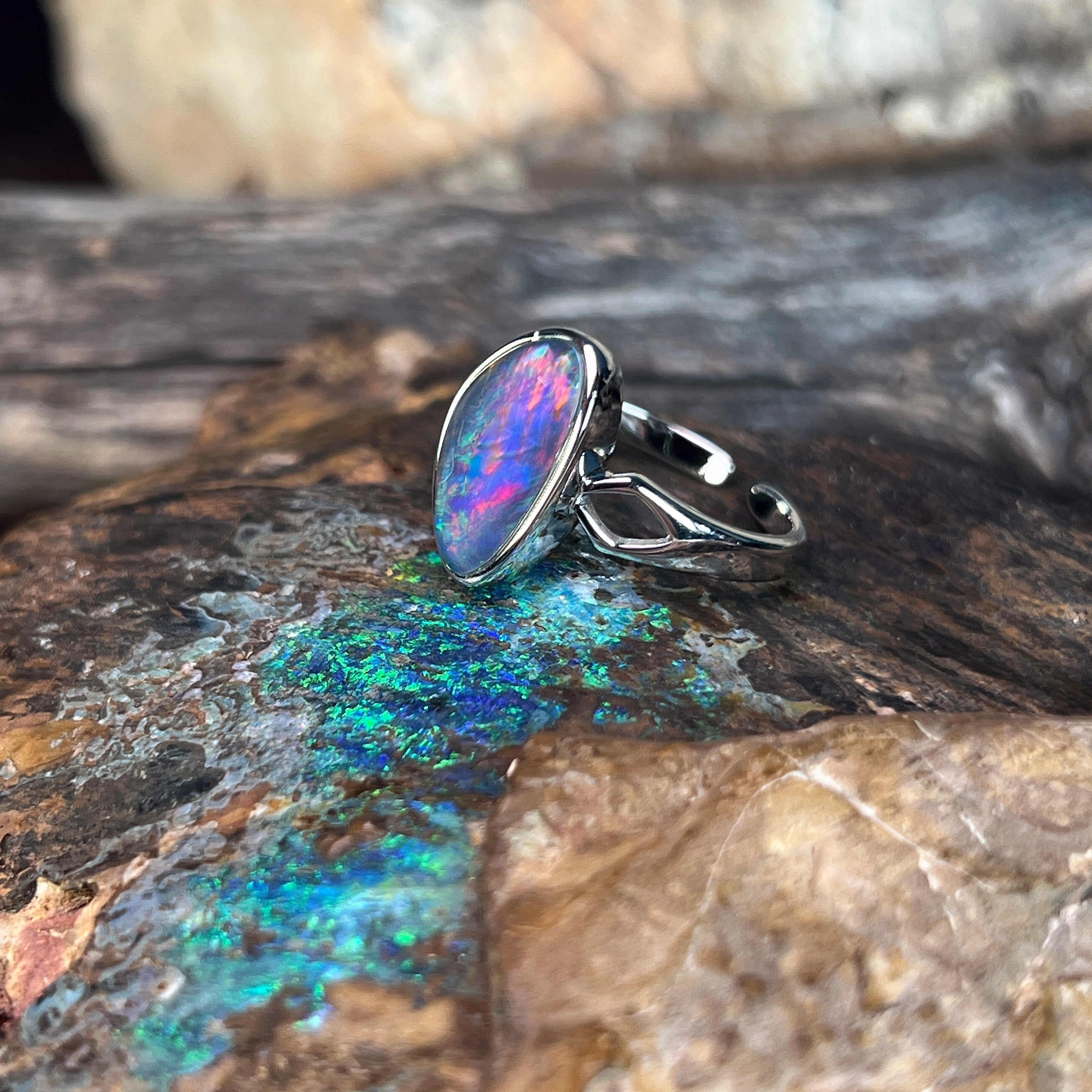 Australian opal triplet ring in sterling silver, 13 x 8mm triangular stone, size US 6.5