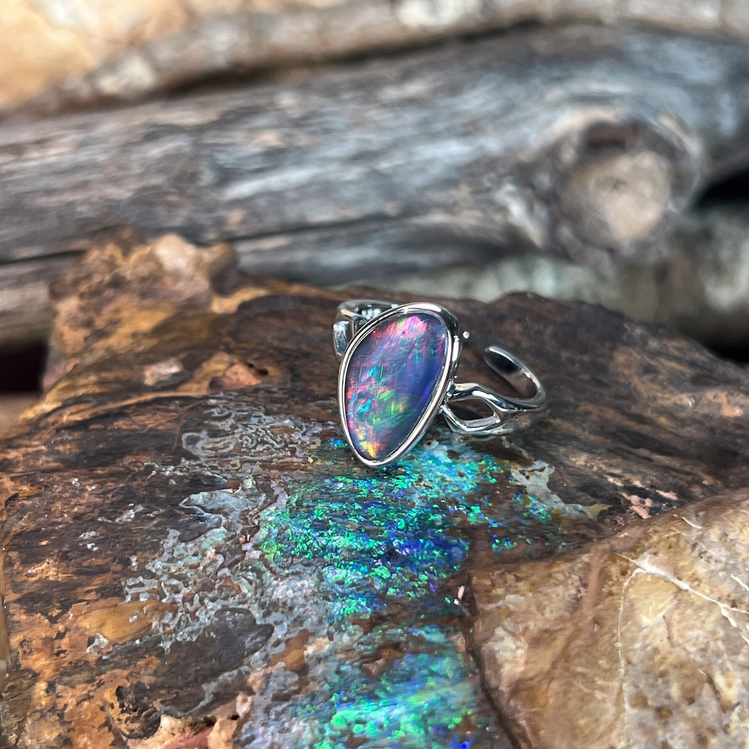 Australian opal triplet ring handcrafted in Sydney, sterling silver, 13 x 8mm triangular stone