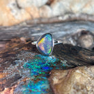 triangular Australian opal triplet ring in sterling silver, yellow, orange, blue and green play-of-colour