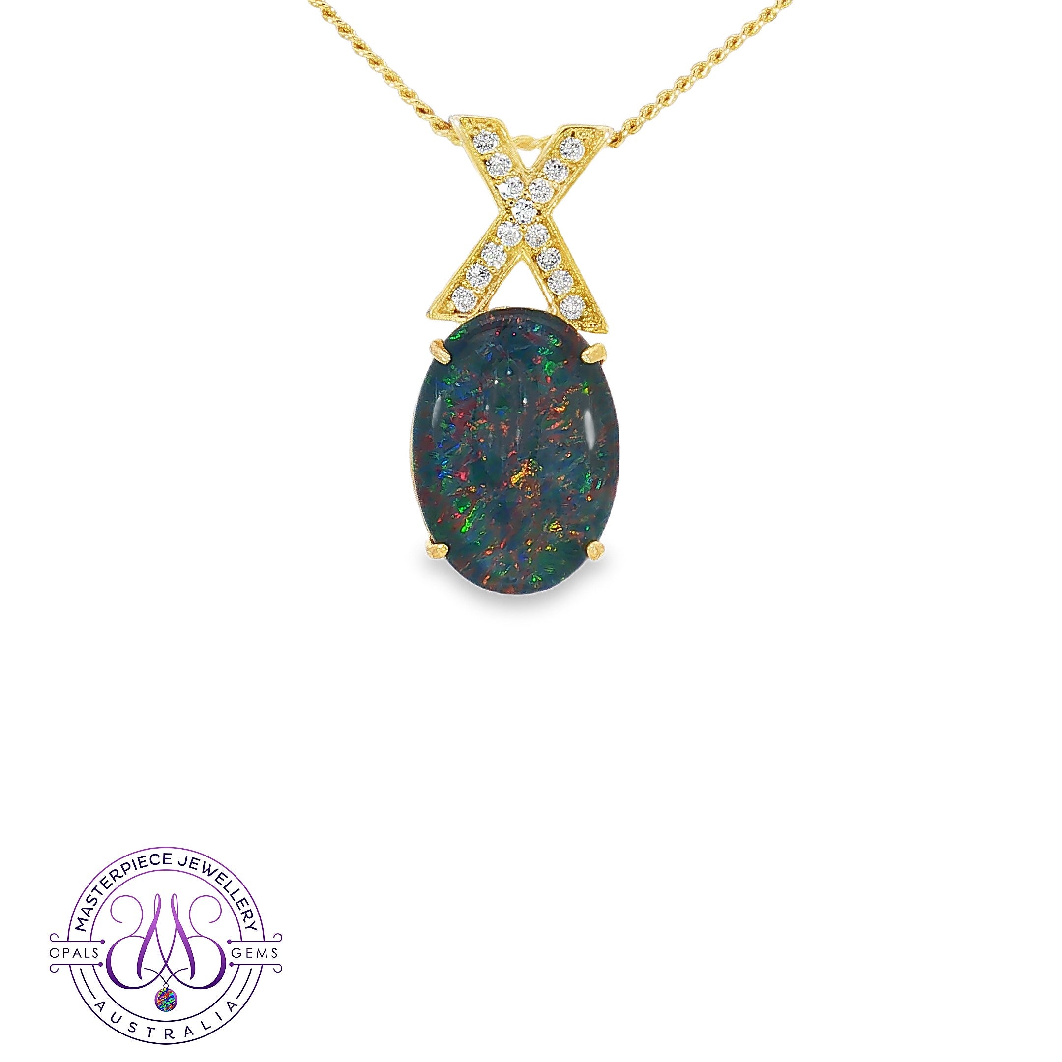 Oval opal triplet pendant necklace in yellow gold-plated sterling silver with an X-shaped bail