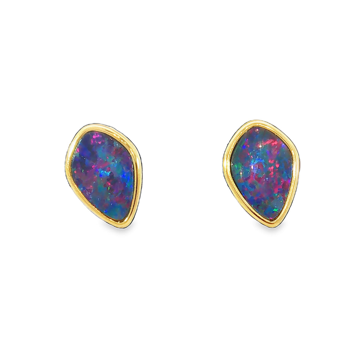 11 x 7.5mm freeform Australian opal doublet earrings in yellow gold-plated silver