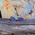 freeform Australian opal doublet earrings in yellow gold-plated silver, red, blue and green play-of-colour