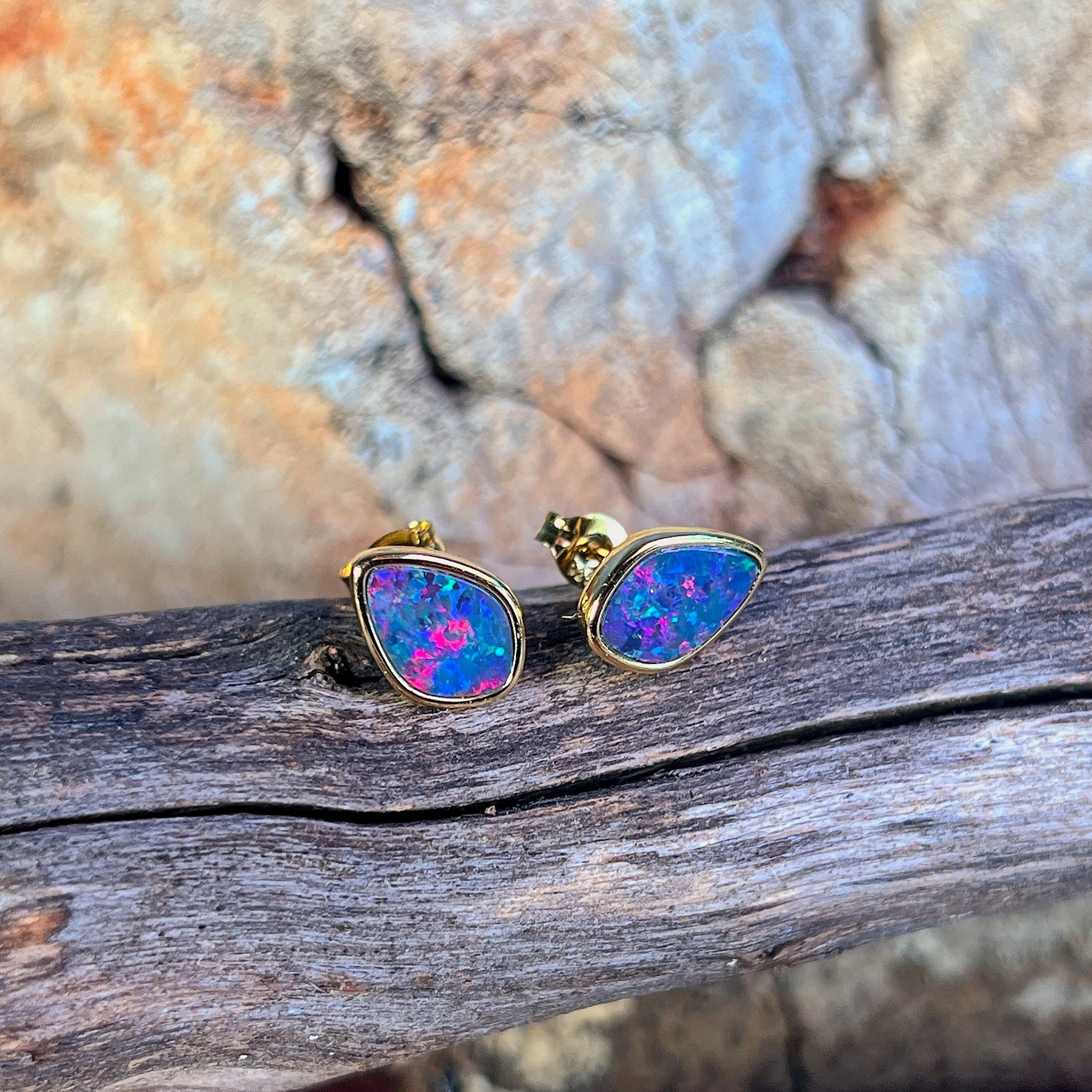yellow gold-plated silver Australian opal doublet earrings with 11 x 7.5mm freeform stones