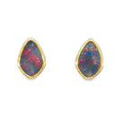 11 x 7.5mm freeform Australian opal doublet earrings in yellow gold-plated silver, red, blue and green