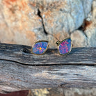 freeform Australian opal doublet earrings in yellow gold-plated silver, 11 x 7.5mm, red, blue and green