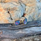 red, blue and green Australian opal doublet, freeform, yellow gold-plated silver earrings, 11 x 7.5mm