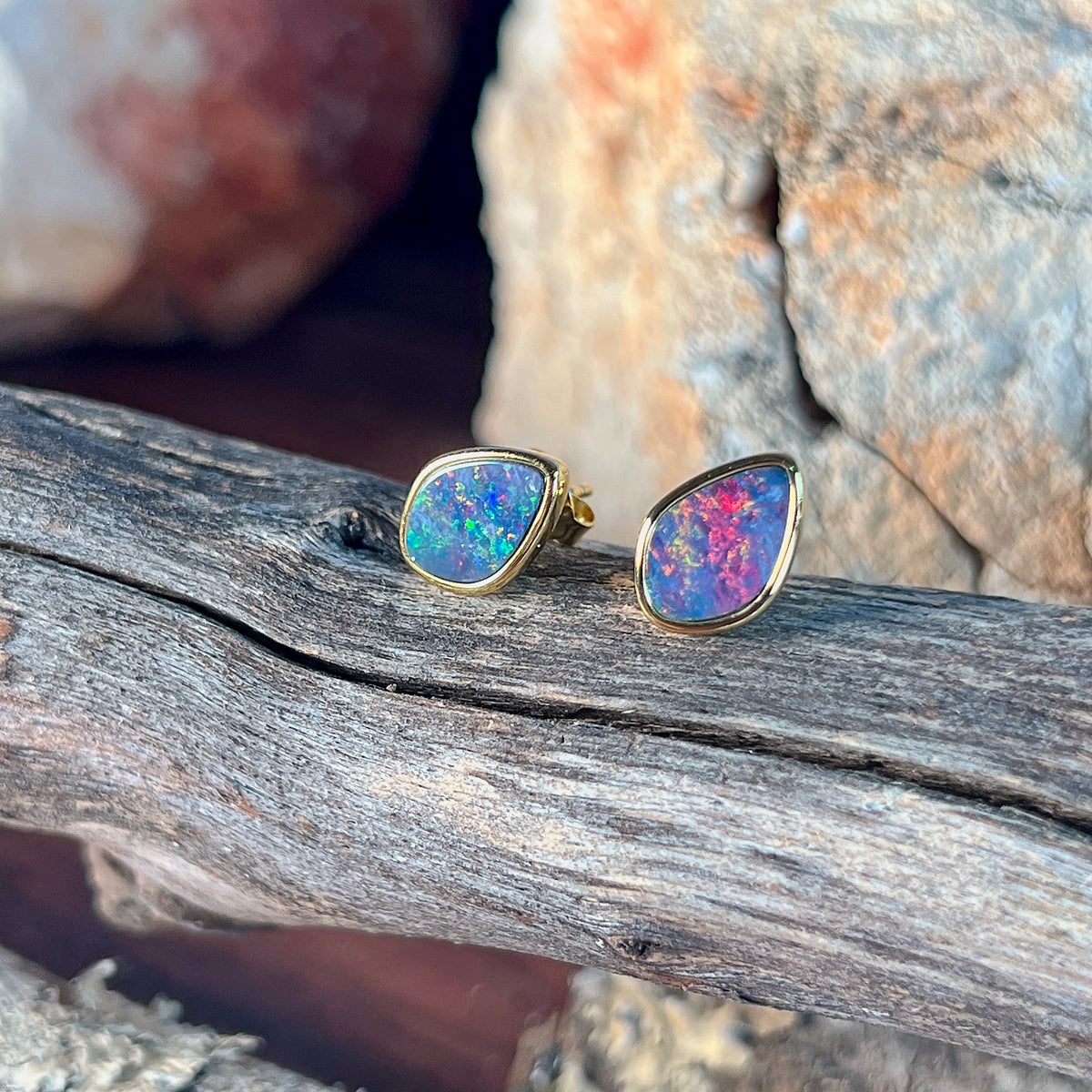 Australian opal doublet earrings handcrafted in Sydney, yellow gold-plated silver, 11 x 7.5mm freeform stones