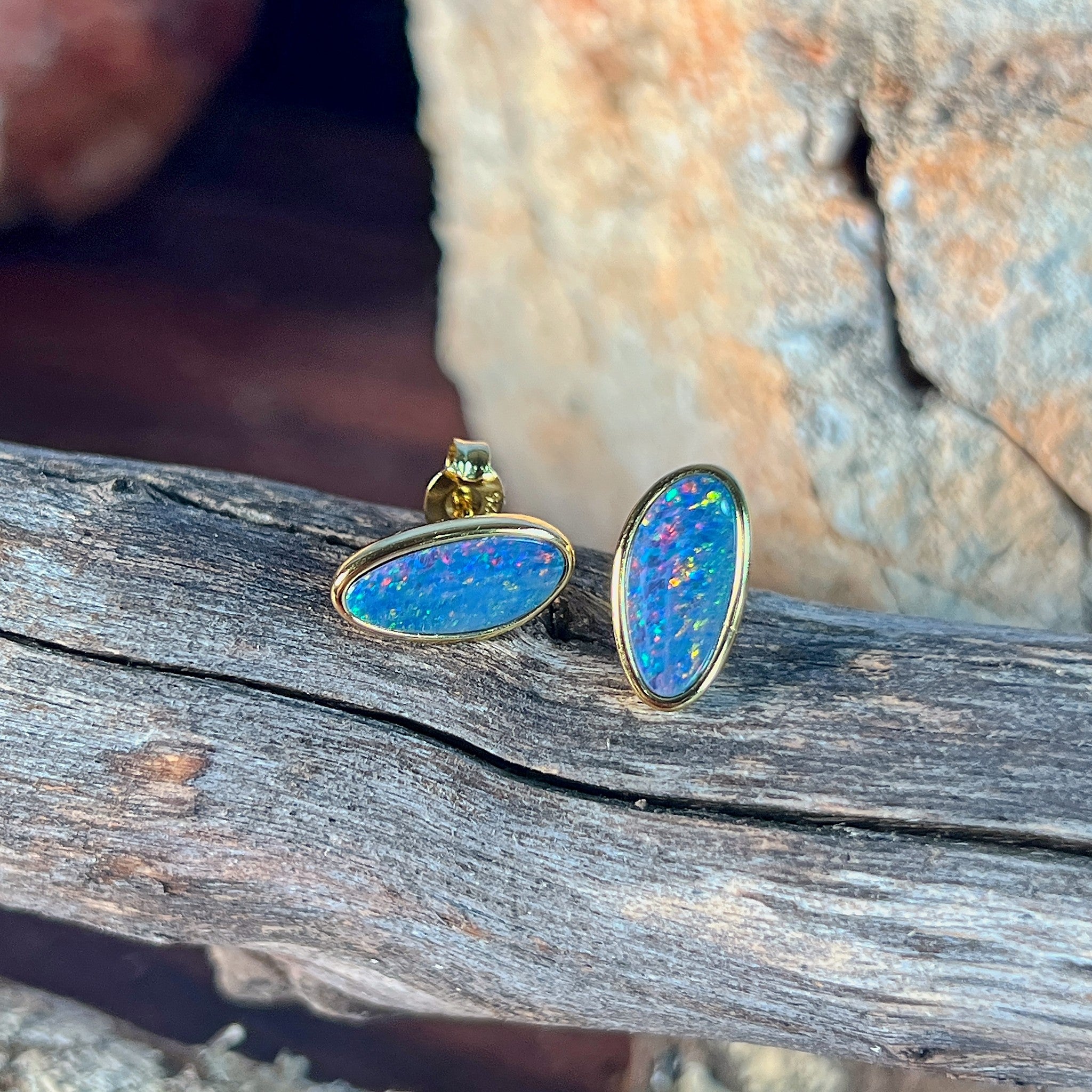 yellow gold-plated silver Australian opal doublet earrings with 12 x 6mm freeform stones