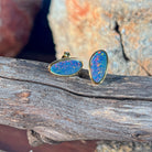 red, blue and green play-of-colour in 12 x 6mm freeform Australian opal doublet earrings